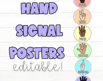 Classroom Hand Signal Posters Pastel Rainbow- EDITABLE!