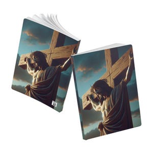 May include: A depiction of Jesus Christ on a wooden cross against a dramatic sunset sky. The image is rendered in a realistic style with detailed features and a sense of depth.