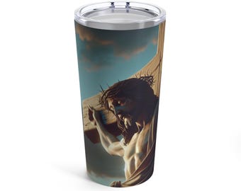 May include: A stainless steel tumbler with a colorful image of Jesus Christ carrying a wooden cross. The image is a depiction of the crucifixion of Jesus.
