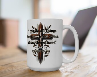 Taza de cerámica religiosa, taza de café Filipenses 4:13, taza de té con versículo bíblico cristiano, vajilla con cita inspiradora, versículo bíblico caliente