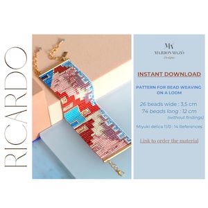 Peut inclure: Un bracelet de perles avec un motif géométrique coloré en rouge, bleu, rose et blanc. Le bracelet mesure 3,5 cm de large et 12 cm de long. L'image contient également le texte "TÉLÉCHARGEMENT INSTANTANÉ" et "MOTIF POUR LE TISSAGE DE PERLES SUR UN MÉTIER".