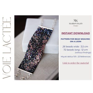 Peut inclure: Un bracelet en perles noires et irisées avec des fermoirs argentés. Le bracelet mesure 3,5 cm de large et 12 cm de long. Le motif s'appelle "Voie Lactee" et est destiné au tissage de perles sur un métier à tisser. Le motif est de Marion Mazo Designs.