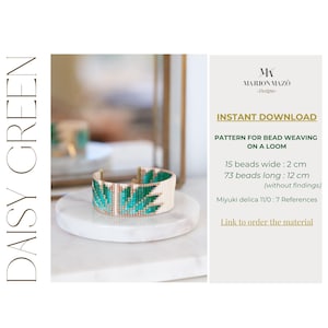 Op de afbeelding: Een kralenarmband met een groen en wit madeliefje ontwerp. De armband is 2 cm breed en 12 cm lang. Het patroon is voor kralenweven op een weefgetouw. Het patroon bevat 7 referenties en instructies voor het gebruik van Miyuki delica 11/0 kralen.  "Daisy Green" en "Direct Downloaden" staan op de afbeelding.