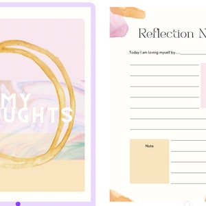 Puede incluir: Una descarga digital imprimible de una página de diario de reflexión personal con el título "Notas de reflexión". La página presenta un diseño de acuarela rosa y dorado e incluye indicaciones para el autocuidado y la reflexión.