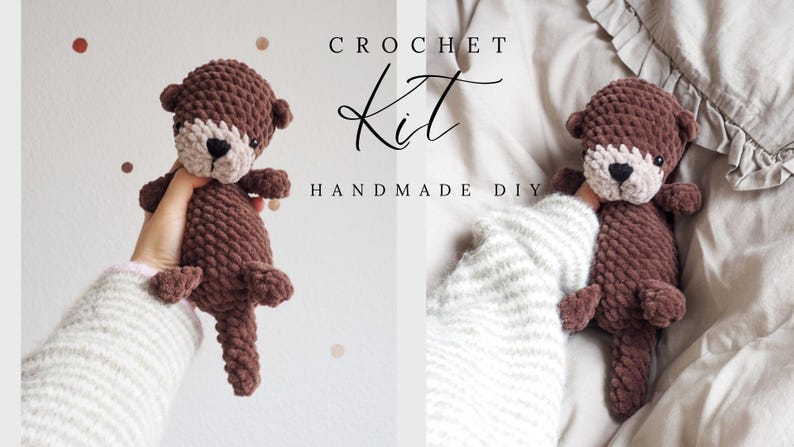 May include: A handmade crochet otter in shades of brown, with a cream-colored face and a black nose. The image includes the text "CROCHET Kit HANDMADE DIY".