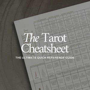Op de afbeelding: Een zwart-witte afbeelding met de tekst "The Tarot Cheatsheet" en de woorden "The Ultimate Quick Reference Guide". De afbeelding bevat een tabel met de koppen "Major Arcana", "Astro Signs", "Astro Houses", "Suits/Elements", "Min/Ace" en "Court Cards".