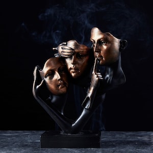 Decorative 3 Face Mask Statue, Handmade See No Evil Hear No Evil Speak No Evil Sculpture, Bookshelf & Desktop Decor Gift