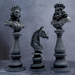 Decorative Black Chess Pieces, Unique Vintage Style Chess Statue Set of 3, Home & Office Bookshelf Sculpture Decor Gift