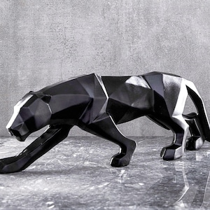 Decorative Geometric Black Panther Statue, Majestic Cubic Leopard Sculpture, Handmade Jaguar Decor Figurine, Gift Puma Statuette