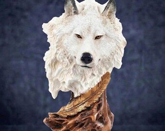 White Wolf Bust Sculpture: Home and Office Dopamine Credenza