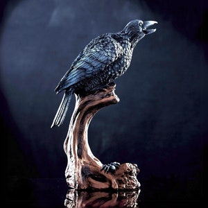 Handmade Black Crow on a Branch Statue: Gothic Raven Sculpture, Indoor & Outdoor Animal Decor