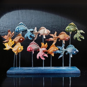 Decorative Colorful School of Fish Sculpture, Handmade Unique Fish Statues, Bookshelf and Aquarium Decor Gift