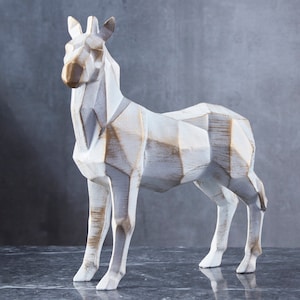 Decorative Cubic White Gold Horse Statue, Handmade Brutalist Animal Sculpture, Abstract Geometric Home Office Shelf & Desk Decor Gift