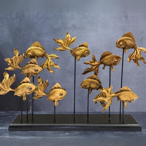 Decorative Gold Colored School of Fish Statue, Handcrafted Unique Fish Sculptures, Aquarium and  Home & Office Decor Gift