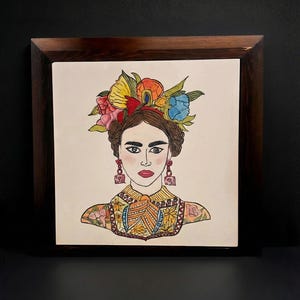 Frida Khalo Iznik Tile Wall Art: Hand Painted Ceramic Portrait, Boho Wooden Frame Decor