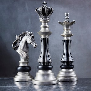 Decorative Large Silver Black Chess Pieces, Handmade Unique Vintage Style Chess Sculpture Set, Bookshelf and Desk Decor Gift