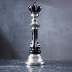 Decorative Large Chess King Piece, Handmade Silver&Black Monarch Sculpture, Vintage Style Bookshelf and Desktop Decor Gift