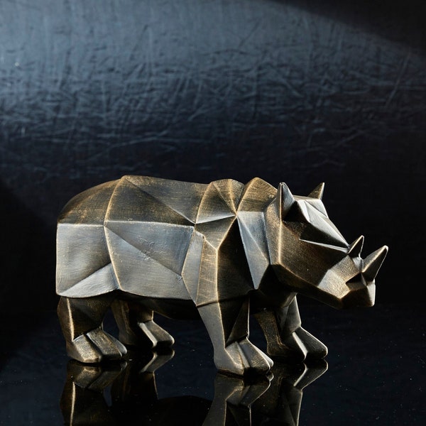 Decorative Cubic Abstract Rhino Sculpture, Handmade Personalized Gold Black Rhinoceros Statue, Desktop & Bookshelf Brutalist Decor Gift