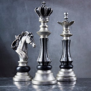 Decorative Large Silver Black Chess Pieces, Handmade Unique Vintage Style Chess Sculpture Set, Bookshelf and Desk Decor Gift