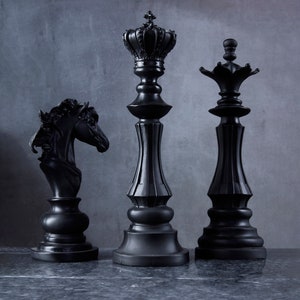 Decorative Large Black Chess Pieces, Handmade Unique Modern Chess Sculpture Set, Bookshelf and Table Decor Gift