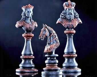 Decorative Copper&Black Colored Chess Pieces, Unique Vintage Style Chess Statue Set, Shelf and Table Top Sculpture Decor Gift