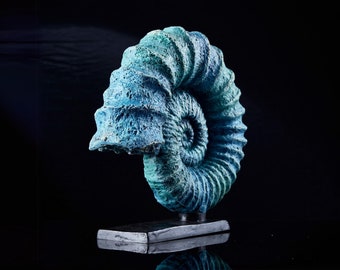 Decorative Blue Ammonite Sculpture, Handmade Fossil Shell Statue on Stand, Unique Aquarium and Beachy Decor Gift