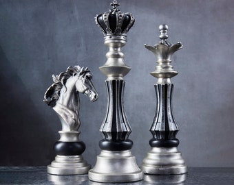 Decorative Large Silver Black Chess Pieces, Handmade Unique Vintage Style Chess Sculpture Set, Bookshelf and Desk Decor Gift