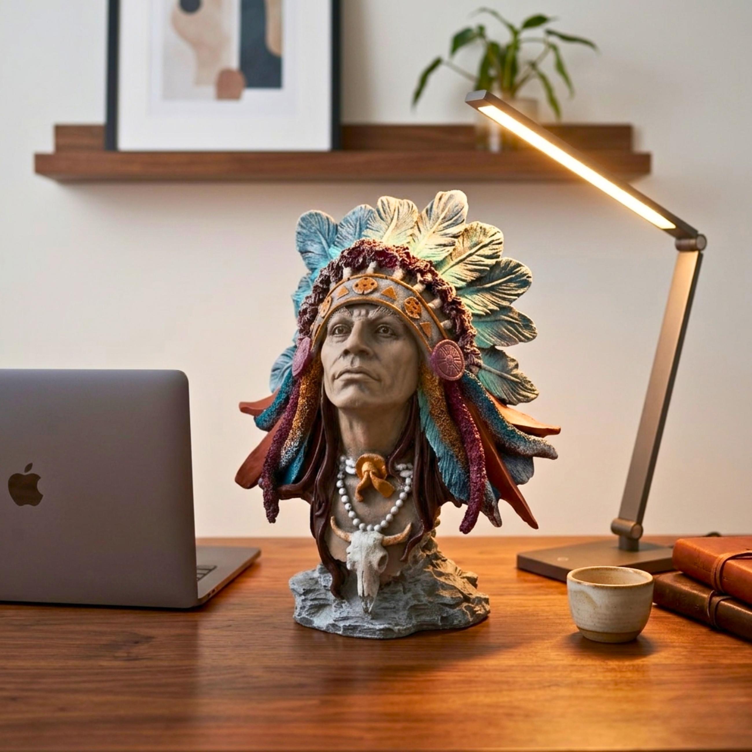 手描きのネイティブアメリカン酋長の彫刻胸像：アクリル製インディアン
