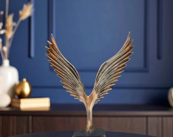 モダンなフェニックスの昇る像：抽象的な金黒の鳥の彫刻、ホーム