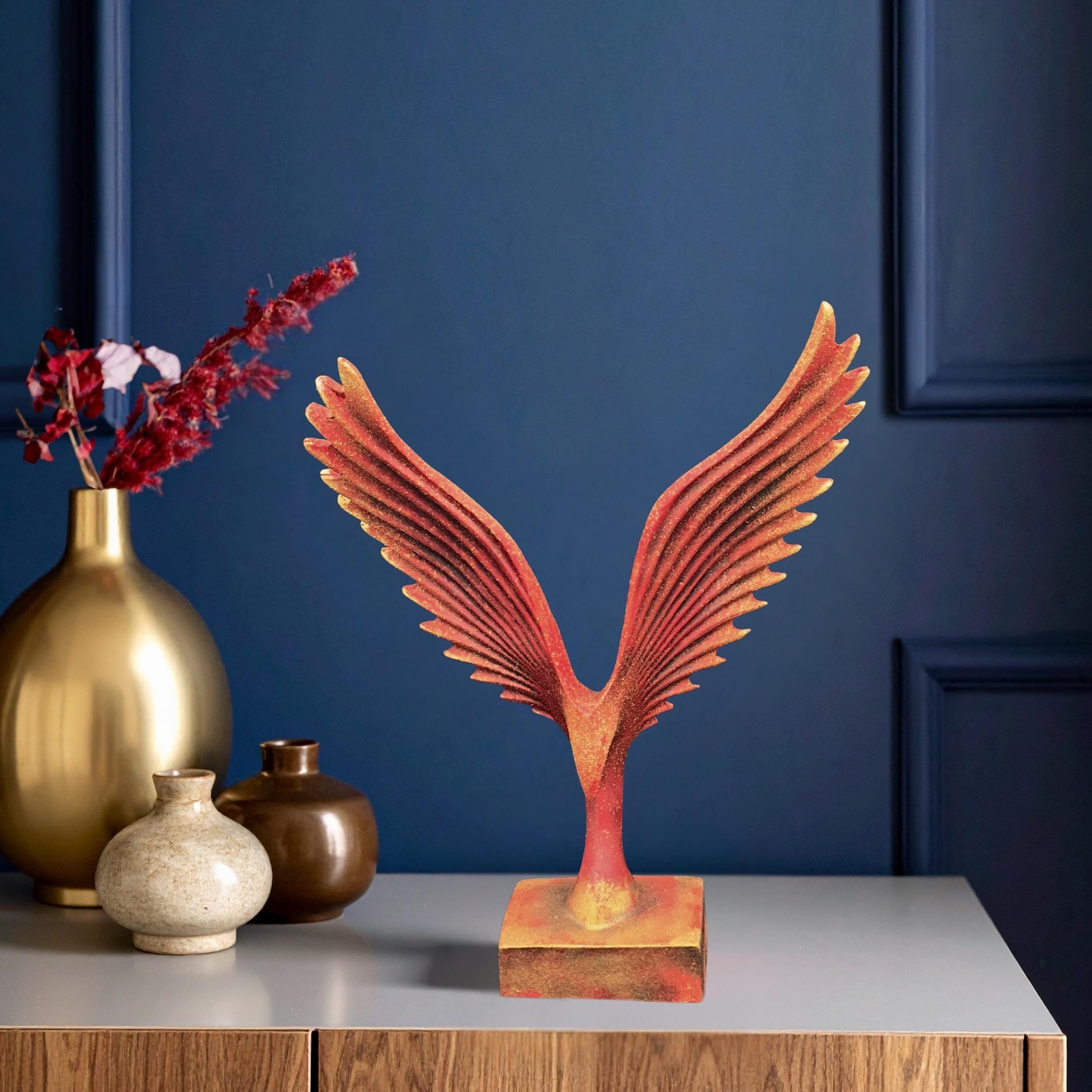 Abstract Phoenix Rising Sculpture: Modern Fire Colored Bird Statue