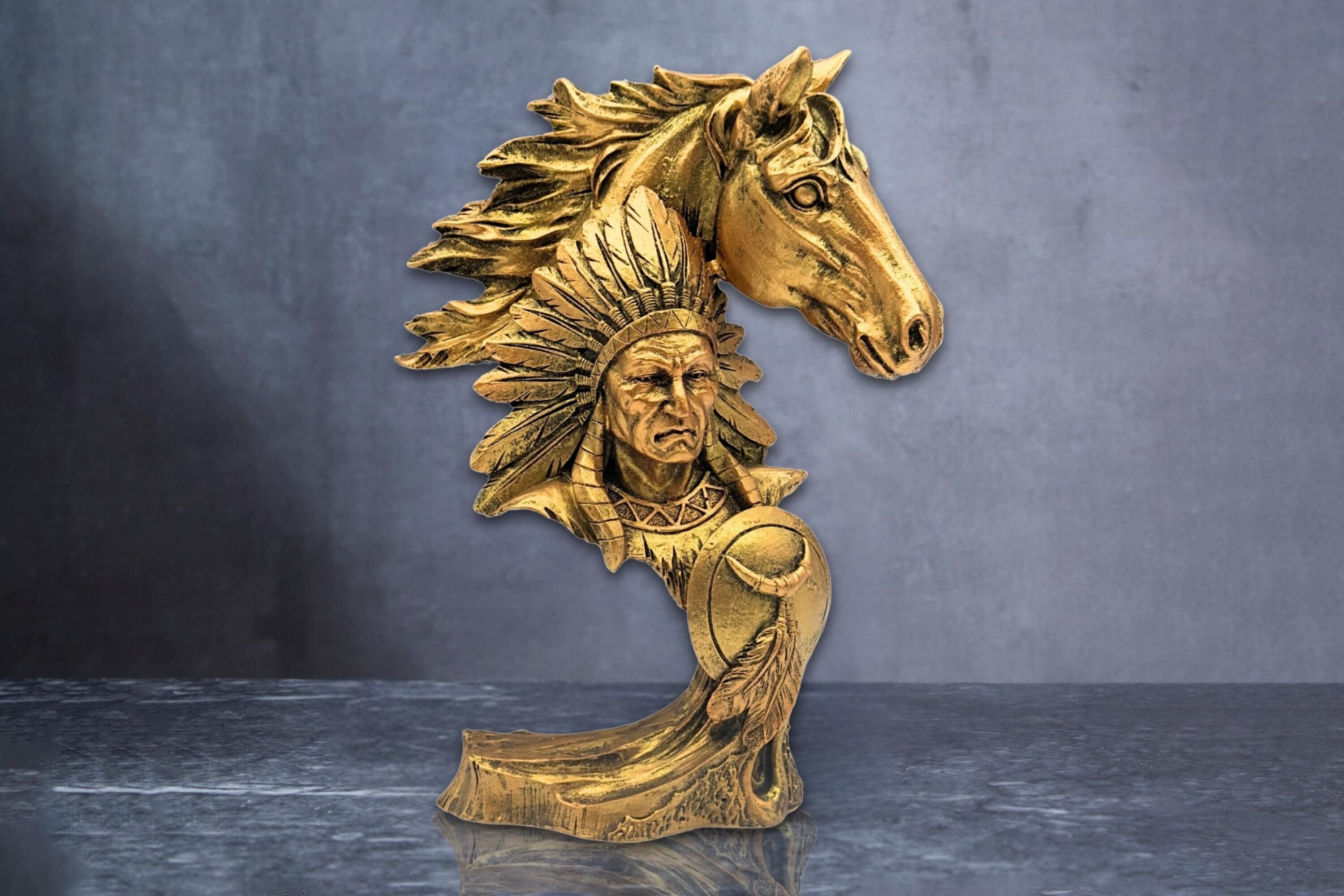 Vintage American Indian Male Statue with Mustang, Decorative Horse Bust Sculpture, Home Office Native American Art Decor Gift