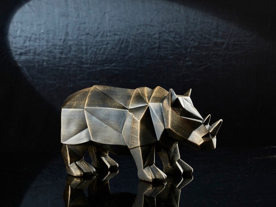 Decorative Cubic Rhino Sculpture: Abstract Gold Black Animal