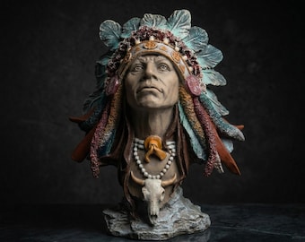 手描きのネイティブアメリカン酋長の彫刻胸像：アクリル製インディアン