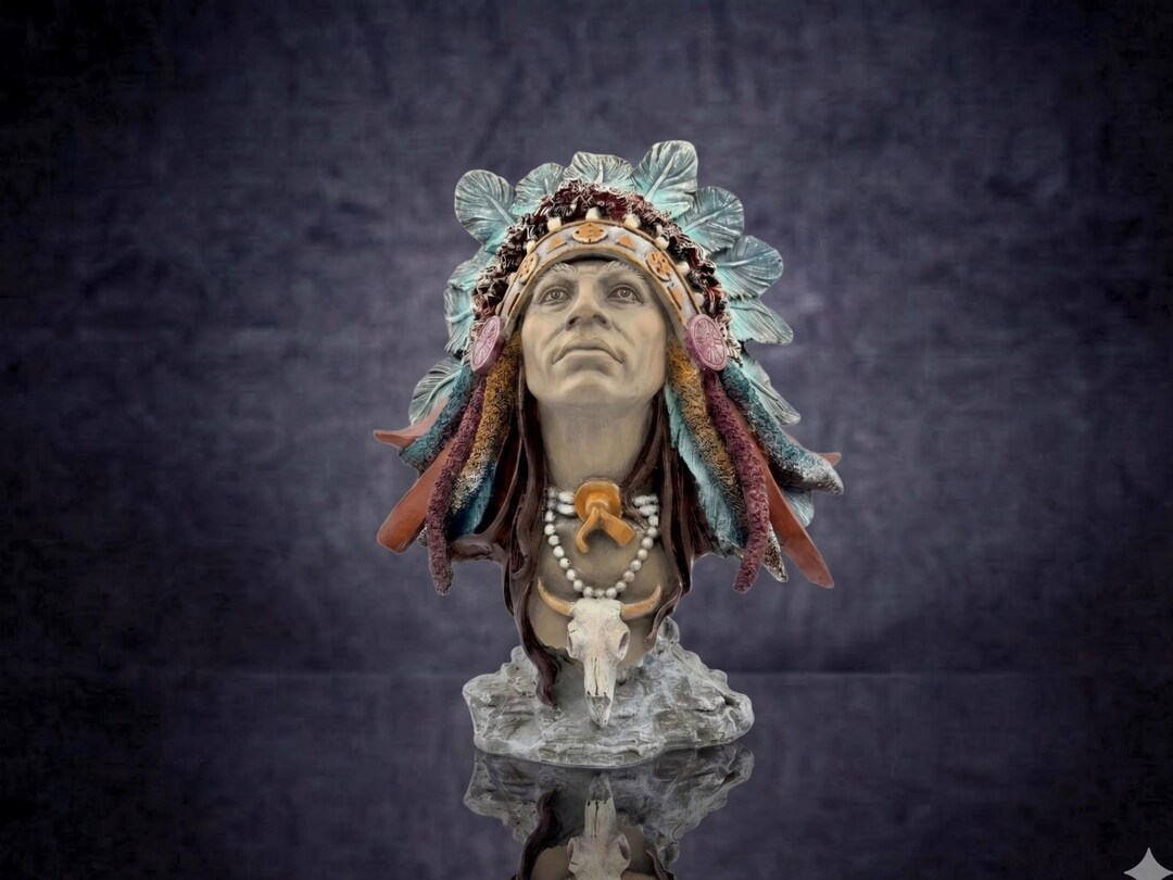 手描きのネイティブアメリカン酋長の彫刻胸像：アクリル製インディアン