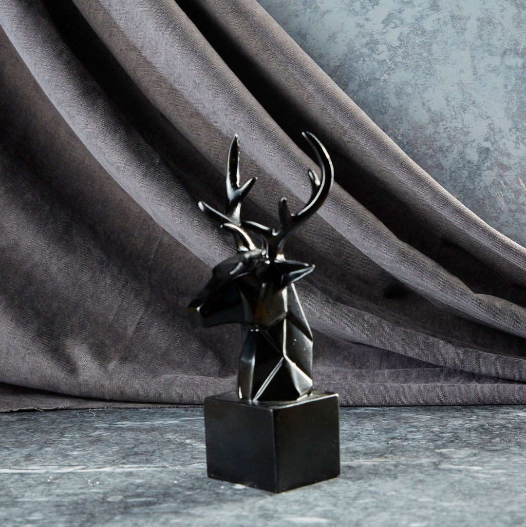 Decorative Cubic Deer Bust Sculpture, Handmade Black Animal Head Statue