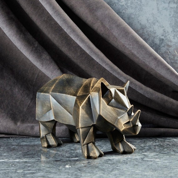 Decorative Cubic Rhino Sculpture: Abstract Gold Black Animal
