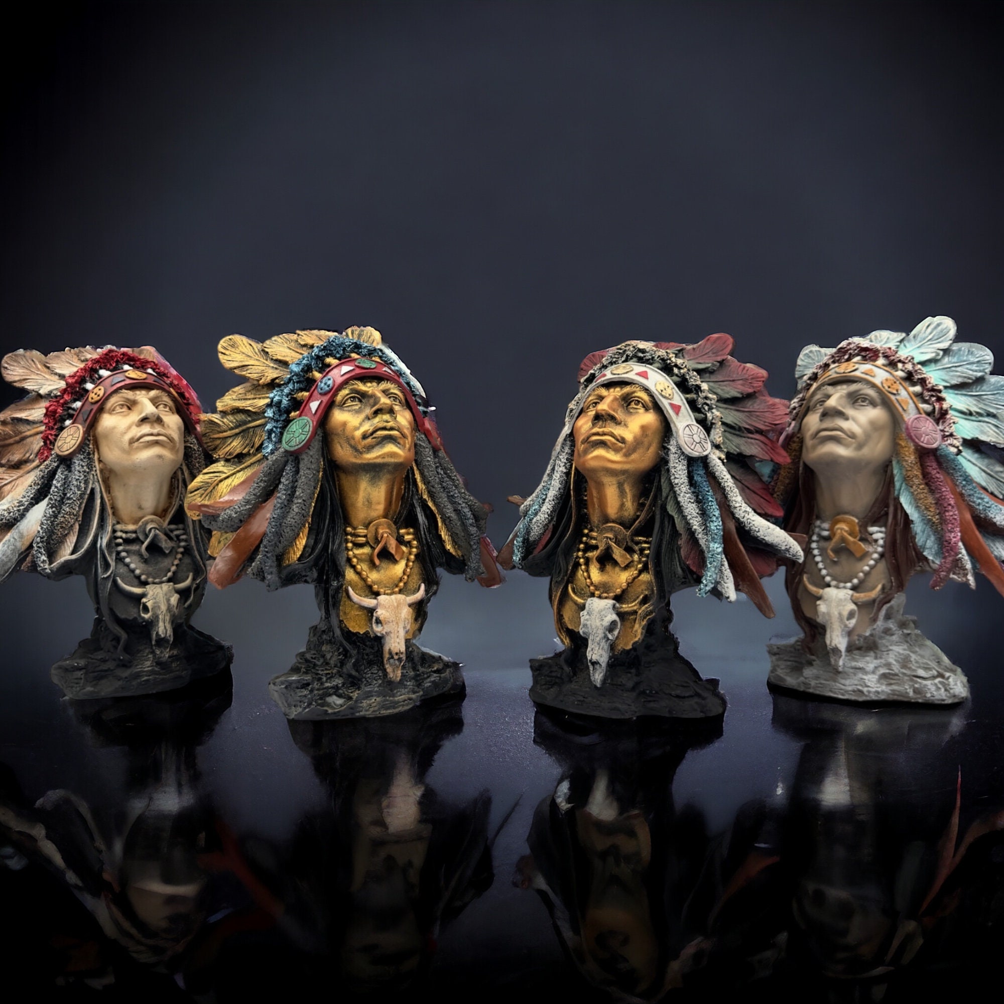 手描きのネイティブアメリカン酋長の彫刻胸像：アクリル製インディアン