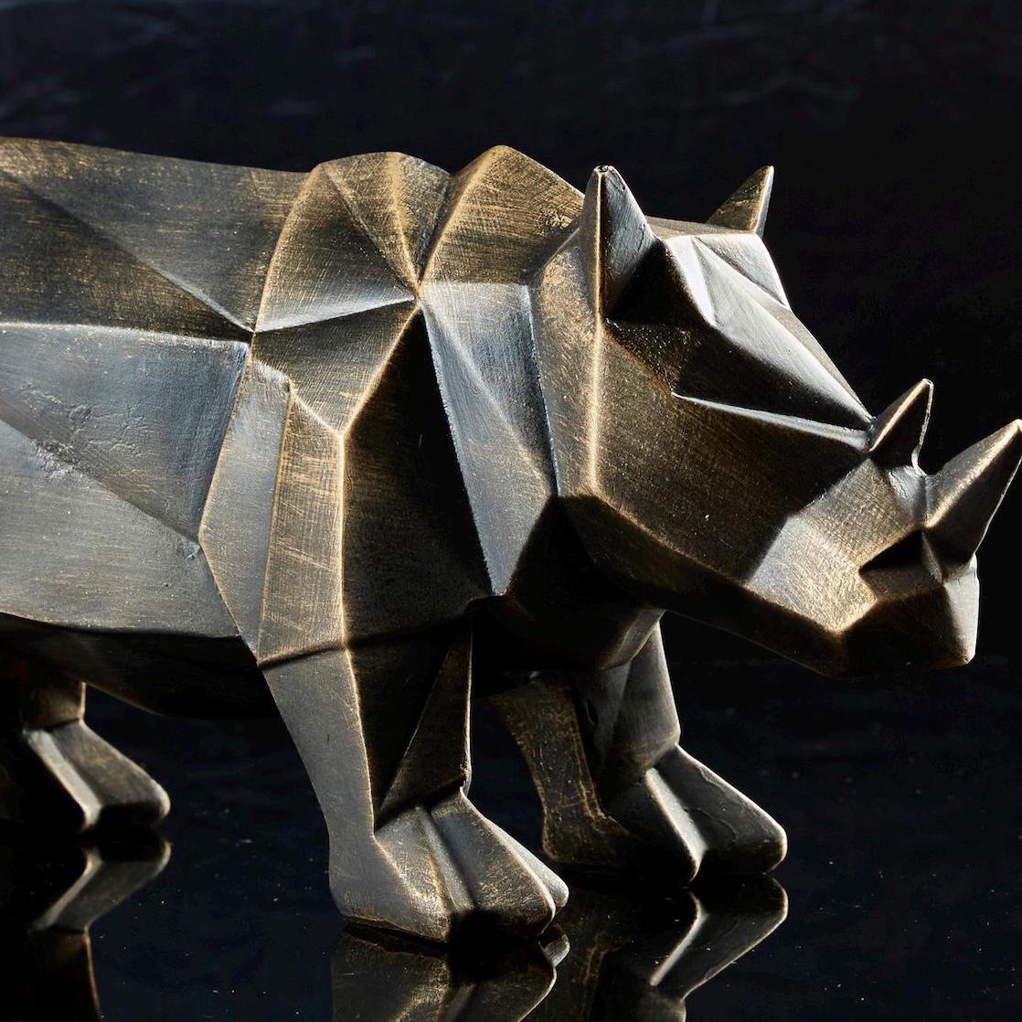 Decorative Cubic Rhino Sculpture: Abstract Gold Black Animal