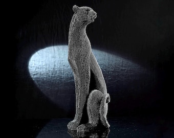 Decorative Sitting Black Panther Statue, Textured Leopard Sculpture, Dark Colored Puma Figurine Indoor, Gift Handmade Cheetah Decor