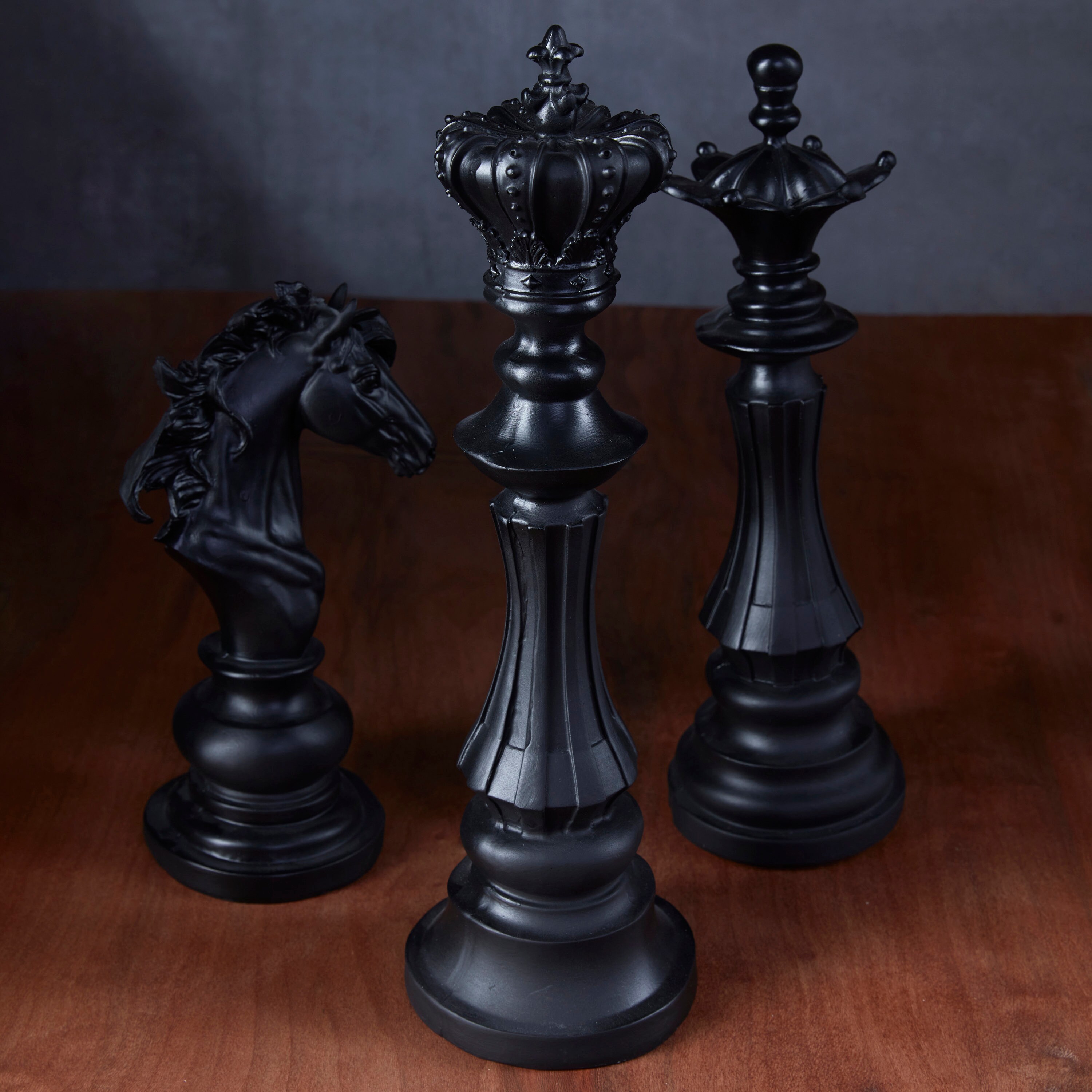 ハンドメイドのブラックチェス彫刻セット：ヴィンテージスタイルの馬の