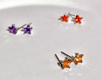 Tiny Star CZ Crystal Stud Earrings Celestial Stacking Earring Birthstone Dainty Minimalist Sterling Silver Stainless Steel Purple Red Yellow