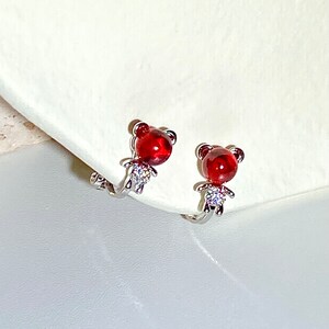 Little Red Bear Astronaut Clip-On Beads Earrings, Cute Unique Kawaii Space Delicate Dainty Animal Themed Beads , Christmas Gifts for Her image 1