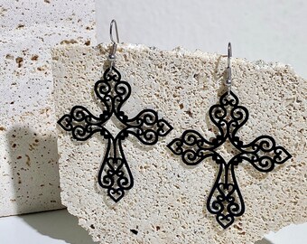 Gothic Cross Dangle Earrings Black Large, Hollween Unique Heavenly Quirky Lightweight Thin Earrings