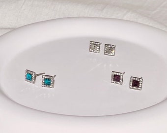 Square CZ Crystal Diamond Stud Earrings, Simple Modern Dainty Glittering Stainless Steel French Style Purple Ocean Blue Earring Non Tarnish