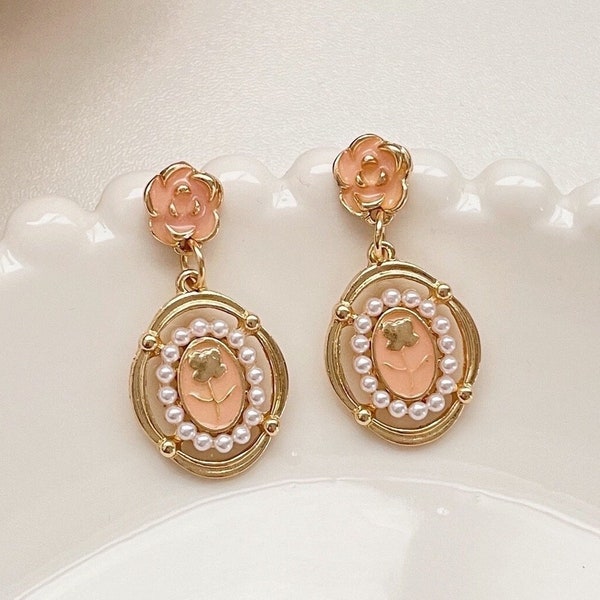 14K Gold Filled French Antique Victorian Vintage Pink and Black Rose Floral Cameo with Pearl Clip-On Earring, Cute Princesscore Gift for Her