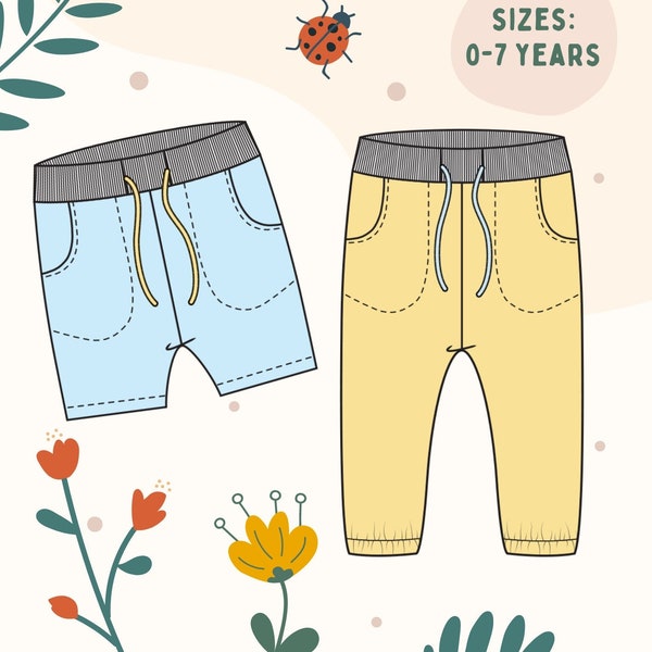 Unisex long short pants PDF a4 a0 Sewing Pattern, sizes 3m-7Y softshell linnen gauze