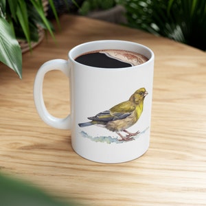 Grünfink Vogel Becher, Becher mit Vögeln, Natur Becher, Aquarell, Vogel Becher, 11 Unzen Becher - Version 2