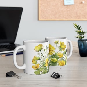 Buttercup Mug, Mug with Flowers, Botanical Mug, Buttercup Mug, Buttercup Flower Mug, Floral Mug, 11oz Mug