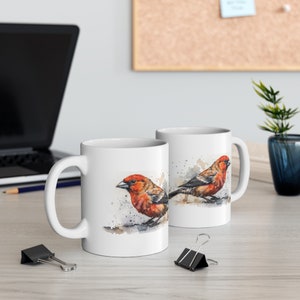 Crossbill Bird Mug, Mug with Birds, Nature Mug, Watercolor, Bird Mug, 11oz Mug - Version 2