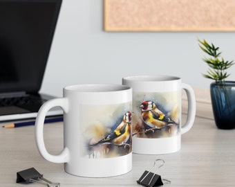 Taza de pájaro jilguero, taza con pájaros, taza de naturaleza, acuarela, taza de pájaro, taza de 11 oz - versión 3
